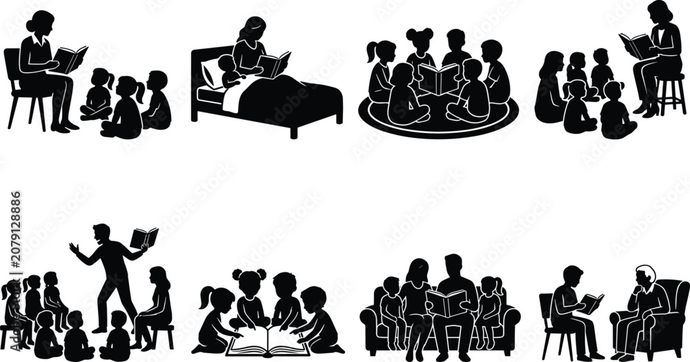 Obraz premium Collection of people silhouettes reading books featuring teacher storytelling to children parents bedtime story group study and family time