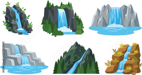 Schilderij op canvas Flat vector waterfall illustration collection featuring scenic mountain cascades