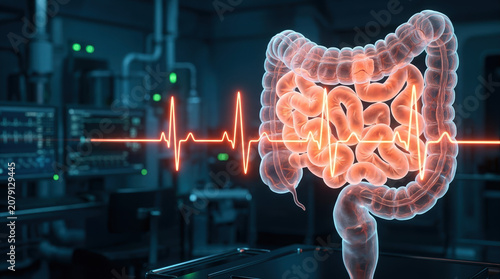 Three dimensional representation of human intestines alongside a heartbeat monitor in a clinical setting