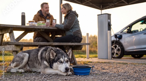 Husky lying beside a water bowl while a senior couple eats at an EV charging station, pet friendly travel, sustainable mobility, road trip break, outdoor recreation.