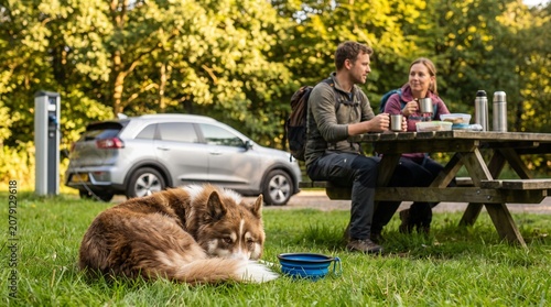 Brown dog resting on grass near an electric SUV while a young couple enjoys a picnic at an EV charging station, pet friendly travel, sustainable mobility, outdoor lifestyle, road trip.