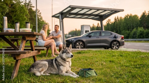 Husky resting on grass near a picnic table while a young couple takes a break beside an electric SUV at an EV charging station, pet friendly travel, sustainable mobility, outdoor recreation