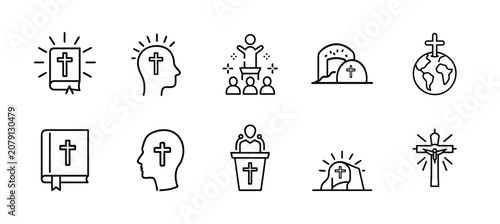 Foto Catholic spirituality biblical devotions line icons set scripture crucifix preac