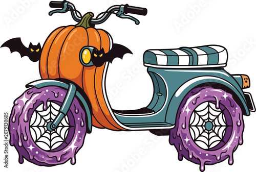 Scooter shaped like a pumpkin features wheels covered in sticky purple.