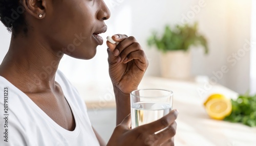 Woman taking a pill with a glass of water, promoting healthy habits