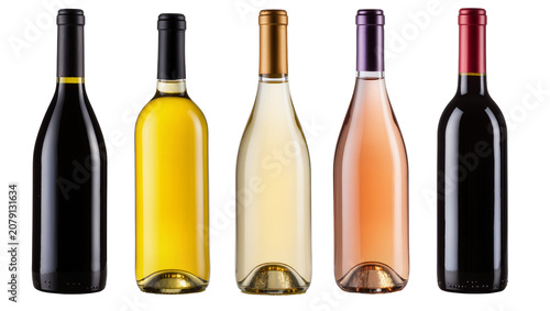 Fotografie Isolated elegant collection of five wine bottles displaying red, white, and rosé