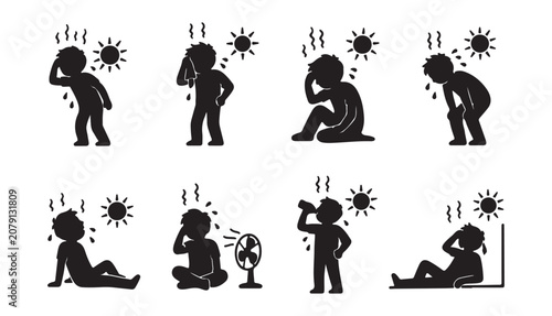 Bild auf Leinwand People suffering from heatstroke icons set