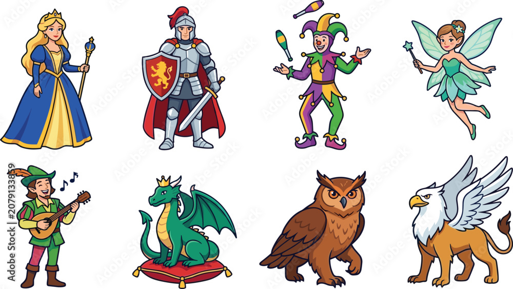 Fototapeta premium Fantasy Characters and Mythical Creatures Collection with Princess Knight Fairy and Dragon Vector Set