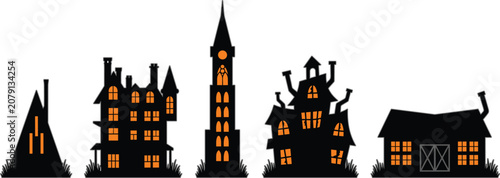 Foto Vector silhouette collection set of spooky Halloween houses, haunted mansion, creepy clock tower, and abandoned barn isolated on white background