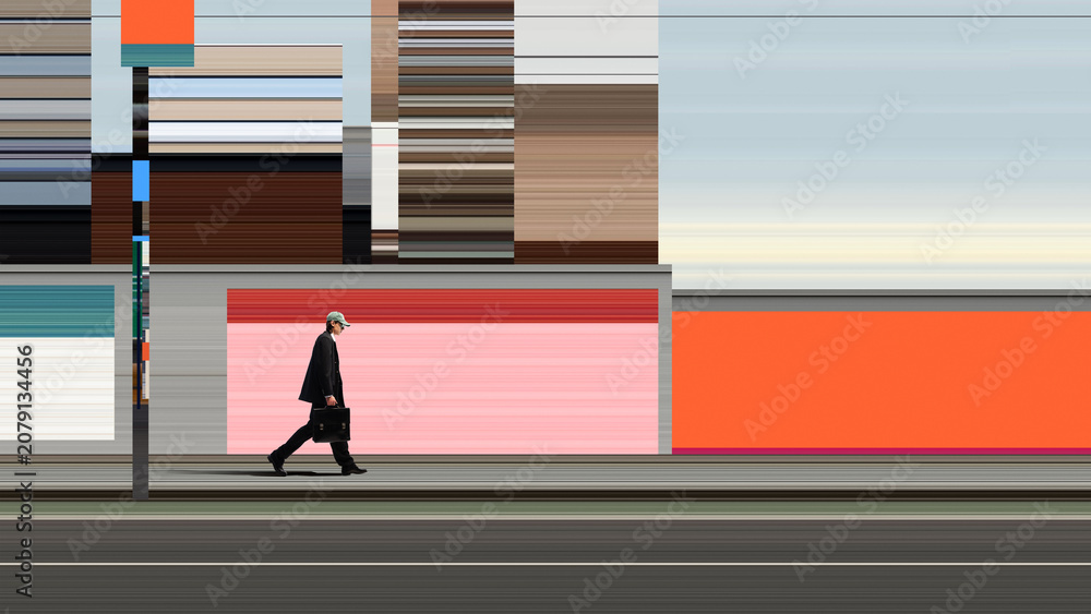 Fototapeta premium Businessman with briefcase walking through contemporary urban environment. Concept of executive lifestyle, productivity, financial success, work commute and professional ambition.