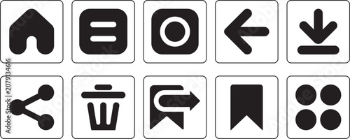 Essential user interface navigation icon set with home, menu, search, back, download, share, delete, bookmark and dashboard symbols
