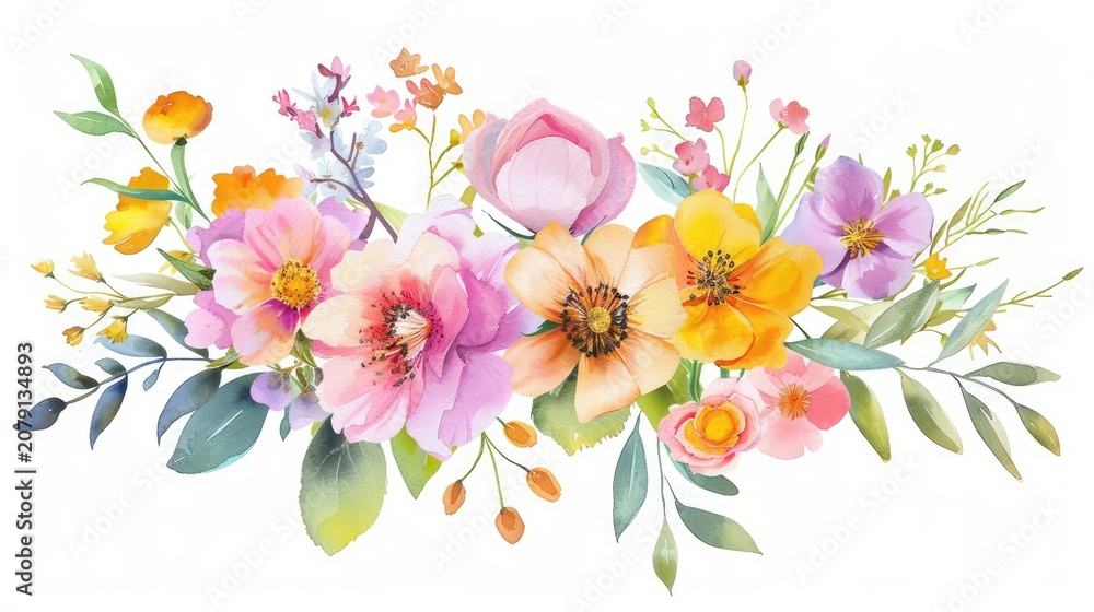 Fototapeta premium Beautiful watercolor floral arrangement with pink, yellow, and purple flowers designed for creative art and decoration projects