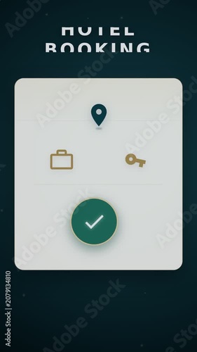 Hotel booking app card animation with key icon checkmark and map pin on teal gold background. Vertical motion graphics CGI for hospitality advertising. 