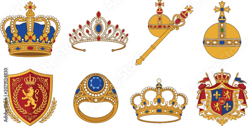 Royal Crown and Heraldic Regalia Collection with Tiara Scepter Orb and Emblem Icons