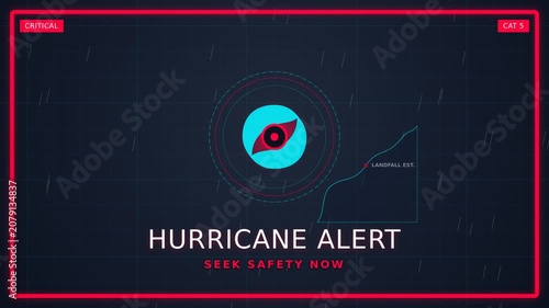 Hurricane alert animation with radar map and rotating storm spiral. Red alert frame locking coastal silhouette. Motion graphics for weather warning broadcast and social media
