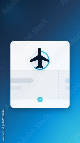 Flight check-in animation with oversized mobile card. Airline checkmark and progress ring motion graphics. Vertical video background for travel app presentations and social media