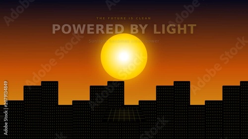 Giant golden sun over dark sleeping city with solar panel energy beam illuminating skyscraper windows. Cinematic 2D motion graphics animation with navy and gold color palette. 