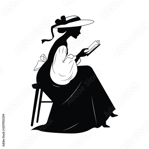 Elegant woman reading a book silhouette in vintage style, seated on a chair wearing a wide brim hat. Black vector illustration isolated on transparent background.