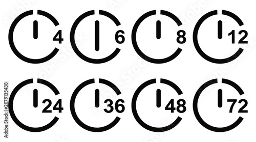 Eight black circular icons representing different time durations arranged in two rows