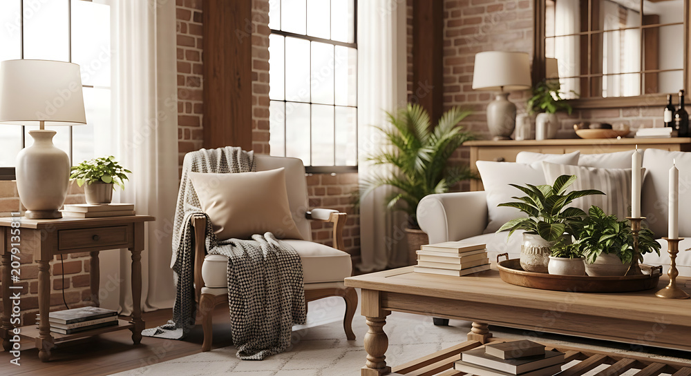 Fototapeta premium Cozy living room with plants sofa chair