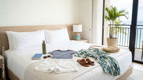 Vacation clothing flatlay on hotel bed with ocean view balcony