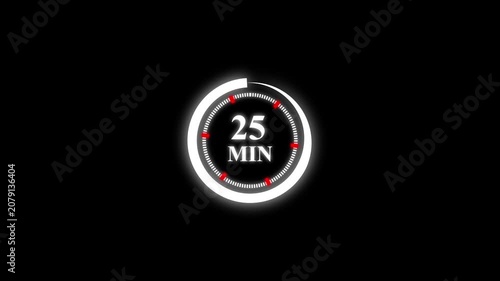 Glowing circular countdown interface 25 minute timer on black background.