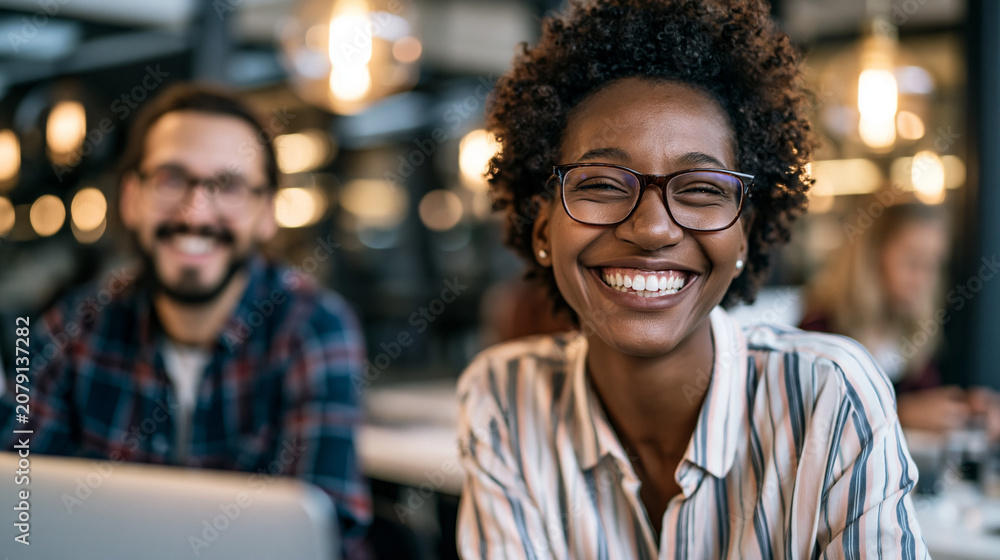Obraz premium Attractive professionals laughing together during a bright office meeting at a desk, candid joy, glowing windows and sleek interior softly blurred behind, teamwork, positivity