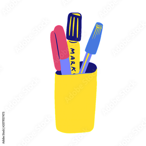 Cute hand drawn pen holder with colorful markers and pens