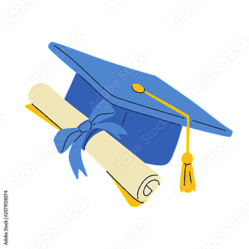 Blue graduation cap and rolled diploma scroll