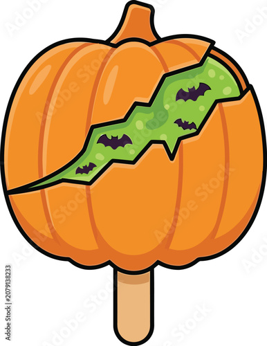 Popsicle made of a pumpkin shell reveals green slime with flying bats now.