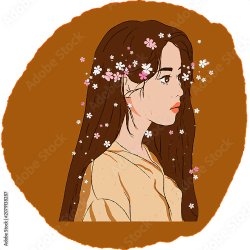 Beautiful anime style woman profile with flowers in hair on brown