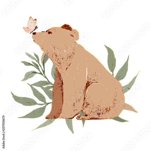 Watercolor brown bear looking at a butterfly with green leaves