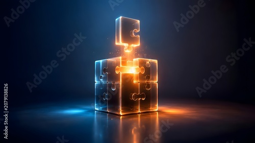 Abstract Glowing Puzzle Cube Construction with Central Piece Connecting in Dramatic Lighting
