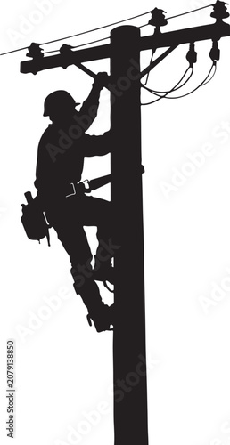  silhouette of an electrician climbing a utility pole