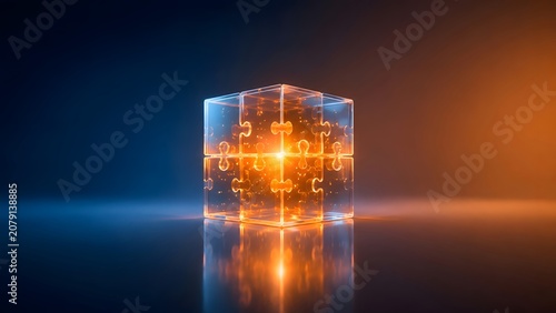 Illuminated Transparent Cube with Interlocking Puzzle Pieces and Glowing Core, Representing Connection and Integration