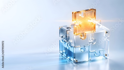 Conceptual Image of a Glass Puzzle Piece Inserting into a Larger Transparent Puzzle Structure with a Bright Glowing Effect