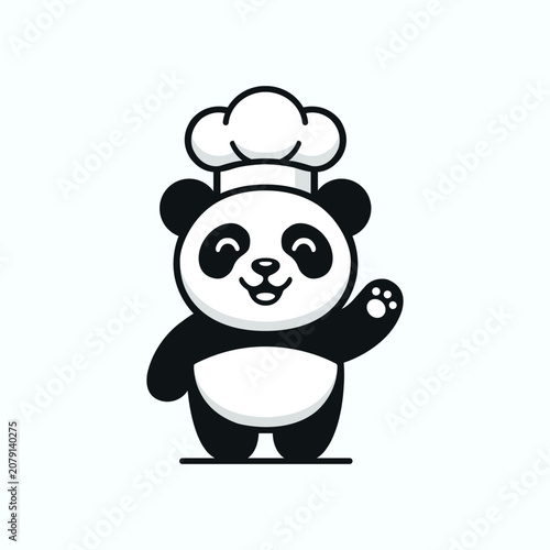pandaCute Friendly Panda Chef Mascot Waving Cartoon, isolated on a white background, ideal for restaurant branding and food themes.