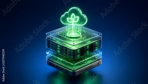 Abstract glowing green cloud icon with plant sprout data uploading to futuristic server infrastructure