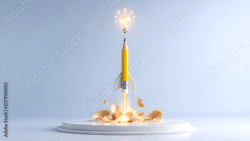 Creative Idea Launch: Pencil Rocket Ignites Light Bulb Concept of Innovation and Inspiration