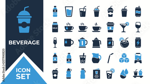 Konstfotografi Beverage icons set including coffee, tea, cocktail, beer, and soda illustrations