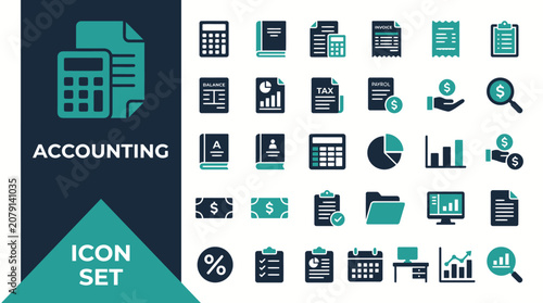 Financial icons display accounting symbols and graphs on a clean white background with office supplies.