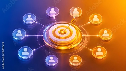 Target Audience Marketing Concept: Bullseye with Connecting People Icons and Abstract Network Grid