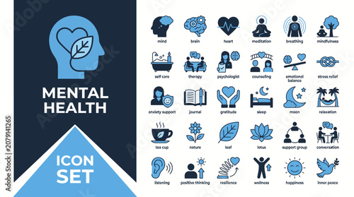 Mental health icons depict various symbols on a flat vector icon pack.