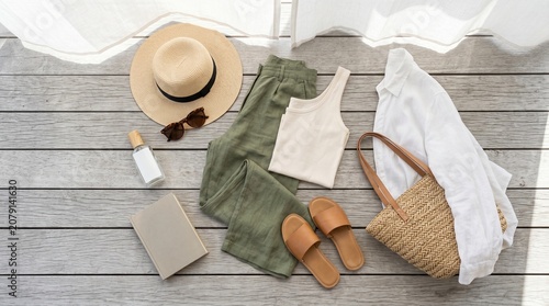 Summer travel packing flat lay outfit essentials straw hat linen pants and woven bag
