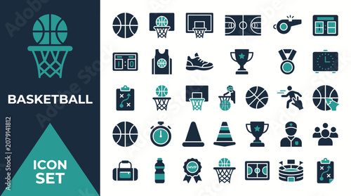 Vector graphics showcase various sports equipment and icons on white background