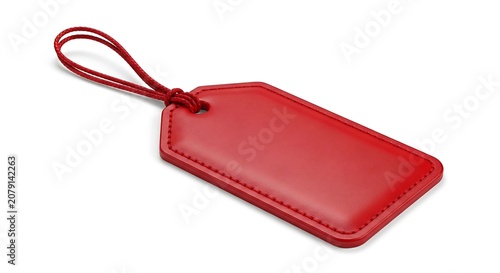 Elegant red leather luggage tag with attached cord loop