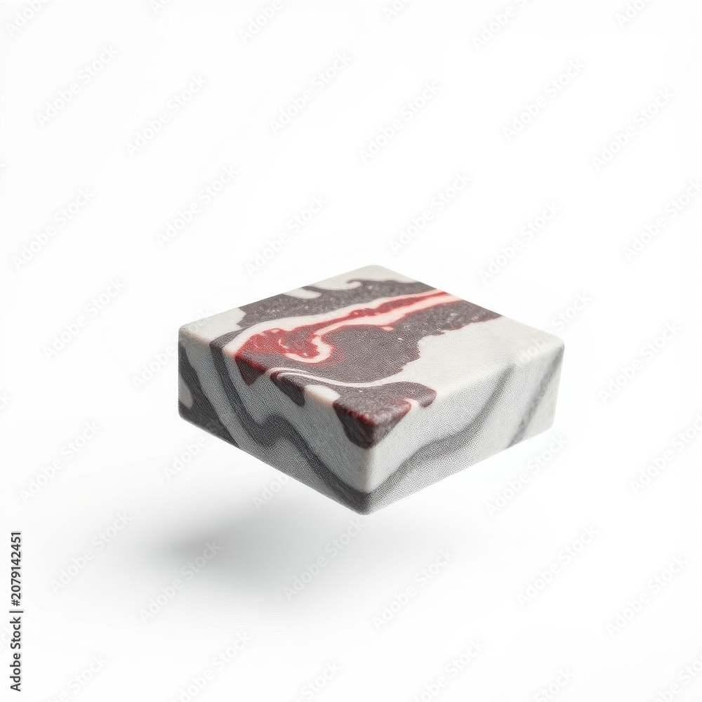 Fototapeta premium Cube displays swirling patterns. Gray, white, red hues blend. Minimalist aesthetic, clean background, soft shadow present.