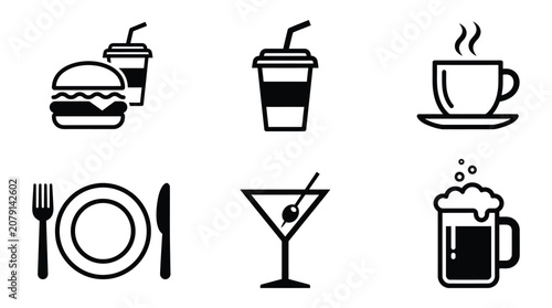 Black and white vector icon set featuring various food and drink items designed for restaurant menus and digital web interfaces