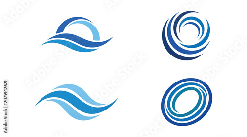 Set of minimalist blue wave and swirl logo designs featuring clean vector lines