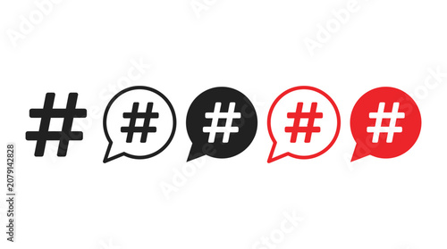 Five variations of simple hashtag icons presented in black and red colors for modern social media communication and digital design